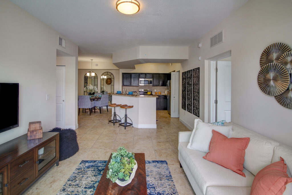 Open concept living room with view into the kitchen