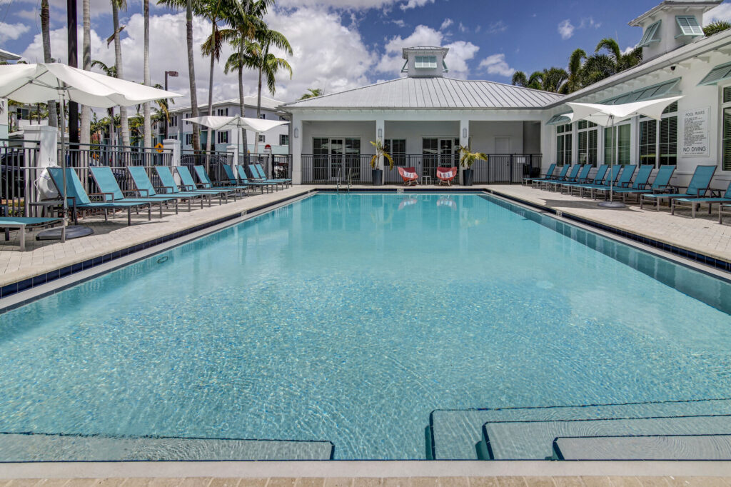 Pool with deck seating and palm trees