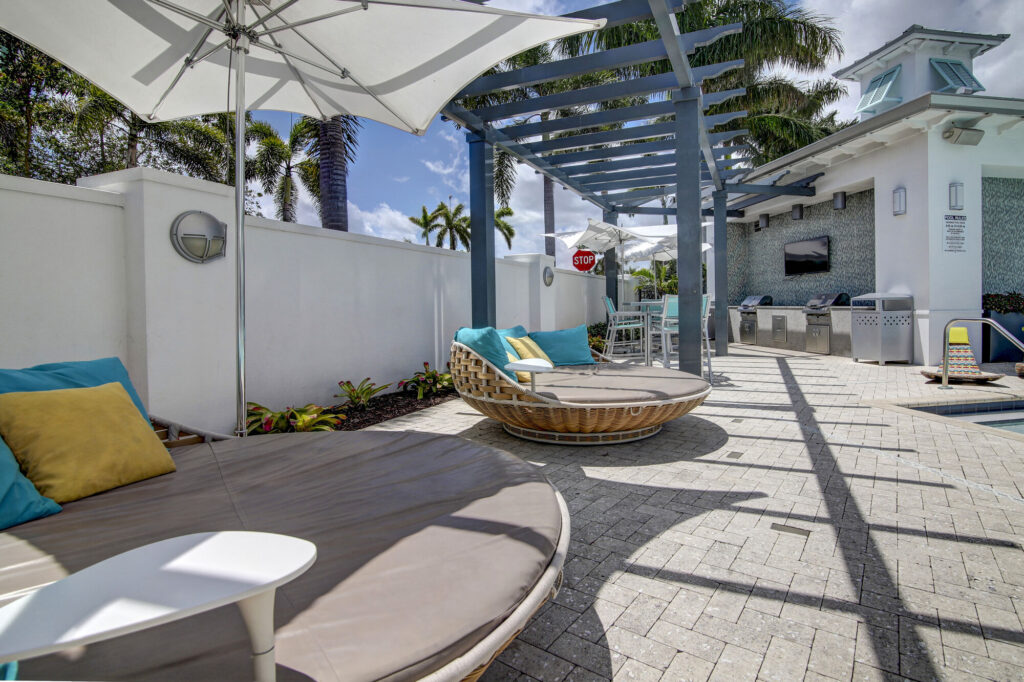 Pool deck with shaded day beds