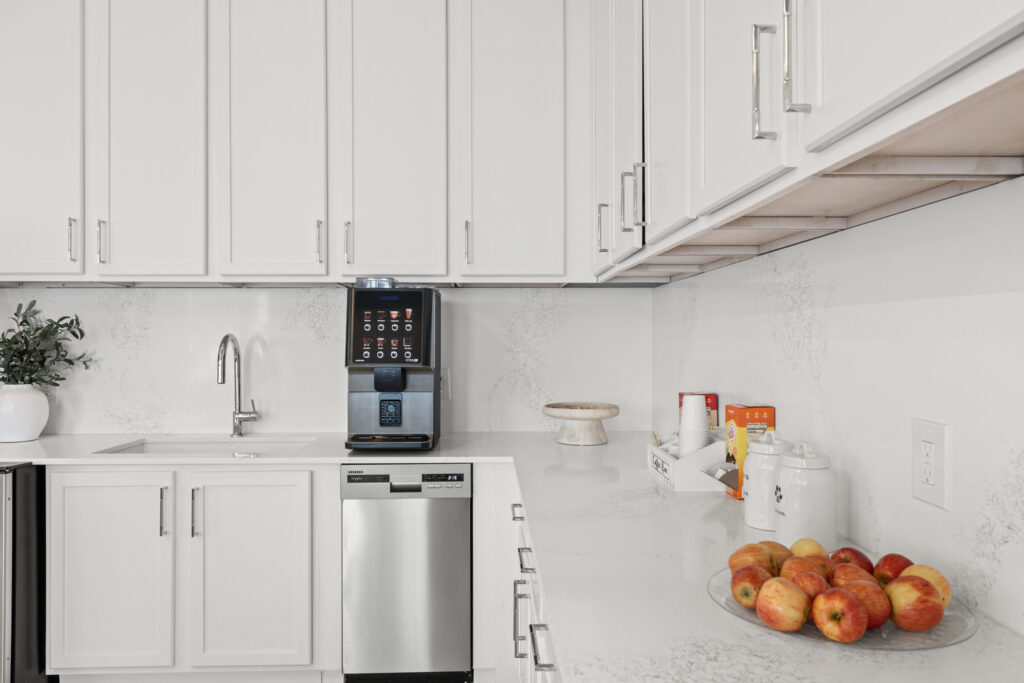 Modern white kitchen with white cabinets, a stainless steel dishwasher, a coffee machine on the counter, a sink, a bowl of apples, a white canister set, and a small plant in a white pot.