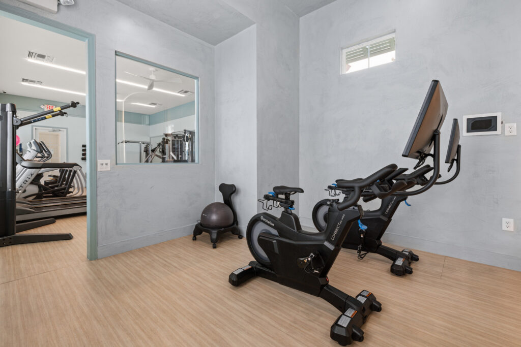 A small gym room with two stationary exercise bikes, a TV mounted above them, a balance ball, and a window looking into another room with treadmills and gym equipment. The floor is light wood, and the walls are gray.